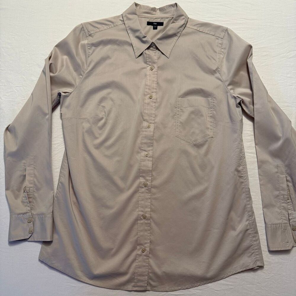 Gap Classic Button Front Shirt | Tan Neutral Cotton Blend | Long Sleeve Pocket |